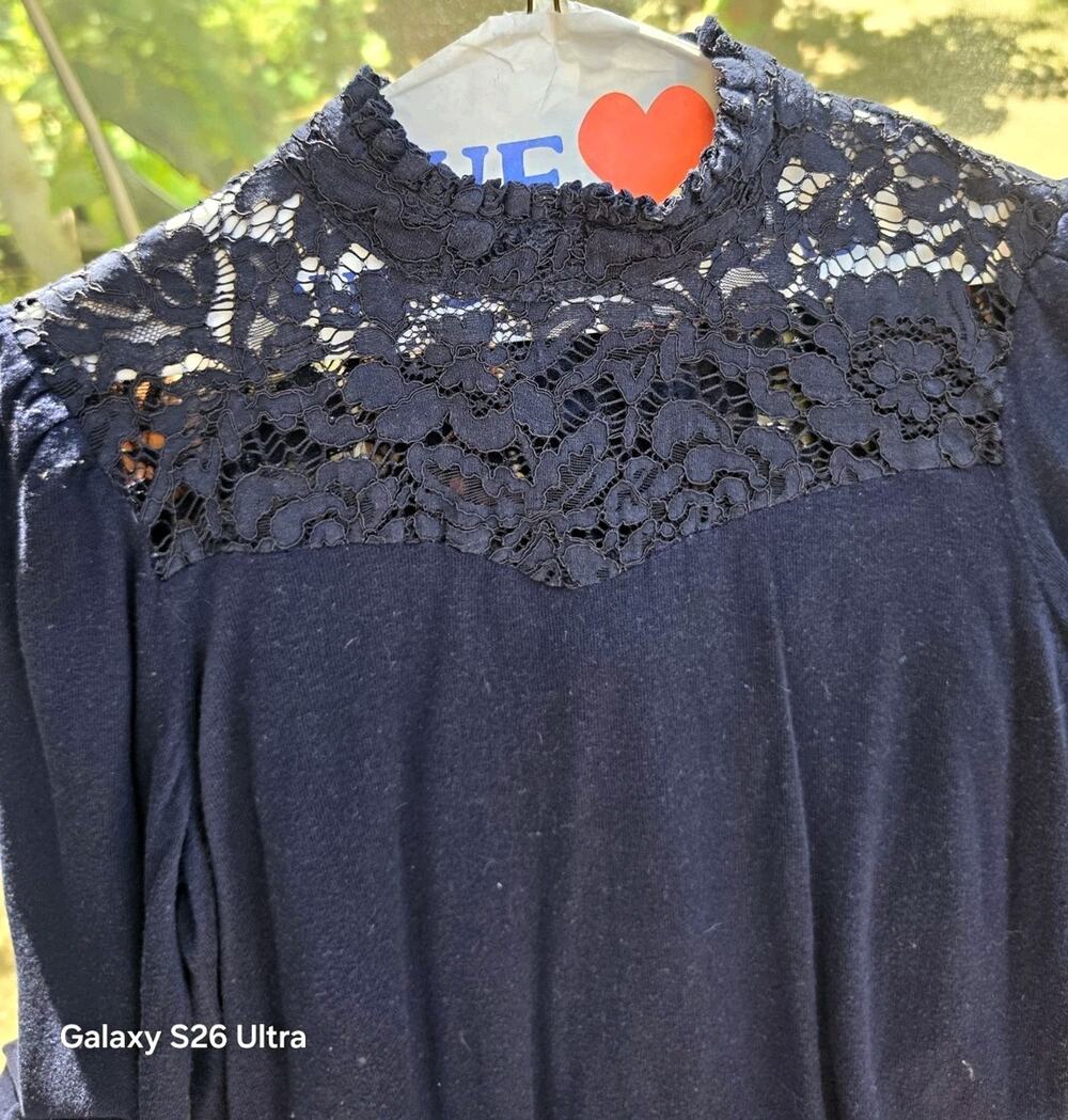 Ralph Lauren Navy Lace Yoke Sheer Mock Neck Back Button Blouse L